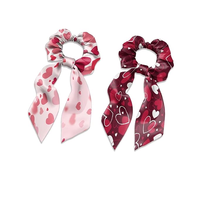 Pack of 2 Love Heart Pink Scrunchies Hair Ties for Women Red Satin Scarf Scunchies Valentine's Day Theme Bow Hair Ties with Long Tails for Yoga Sport