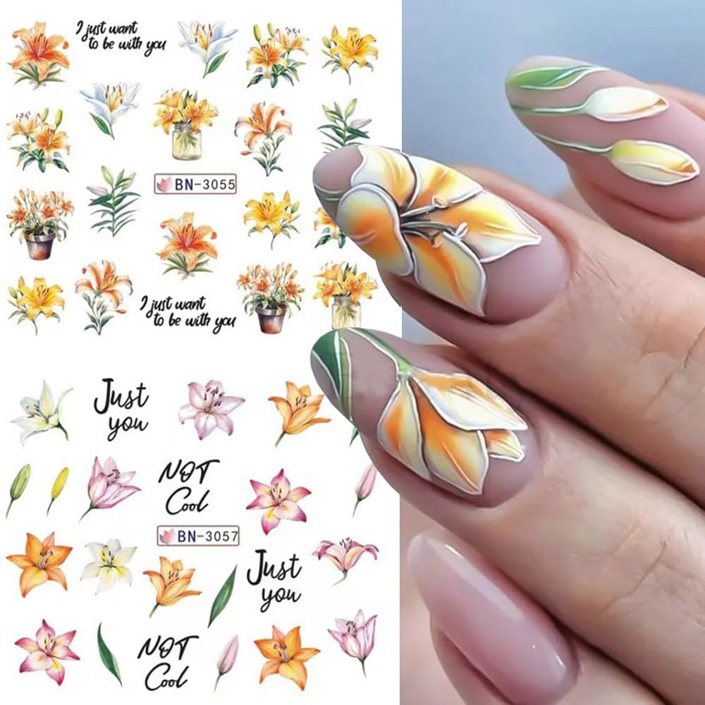 12 Designs Flower Nail Art Stickers - Lily Acrylic Decals for Spring Summer Decorations - Colorful Assorted Floral Water Transfer Slider Foil Sticker for Women