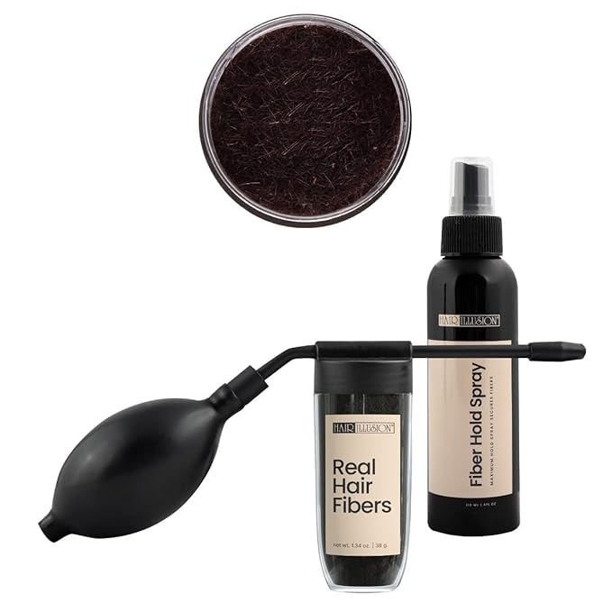 Hair Illusion Combo Kit - Hold Spray, 38g Hair Fiber Bottle, Applicator & Hairline Optimizer (Brown)