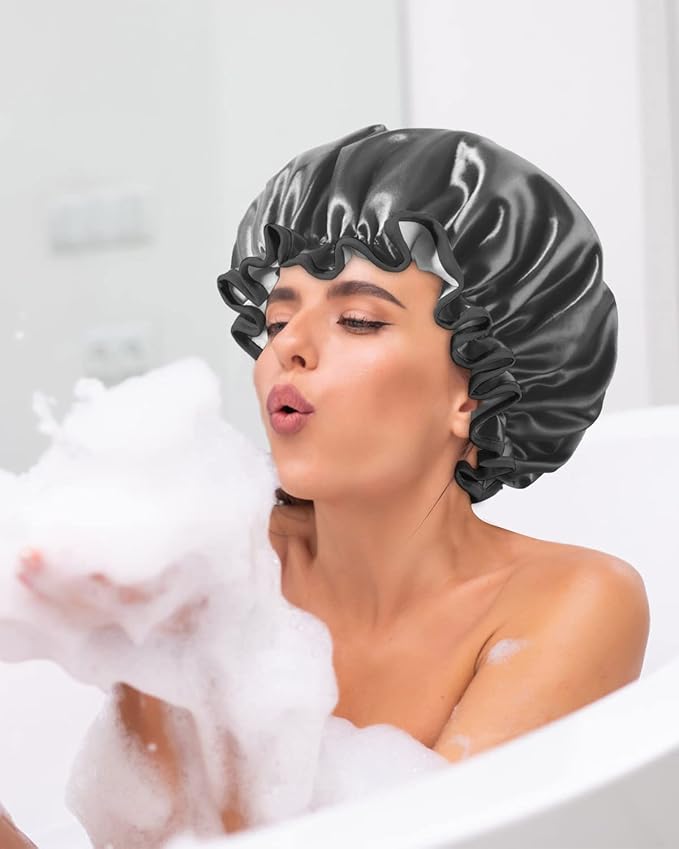 Aquior Shower Caps, Reusable Shower Cap for Women, Double Layer Waterproof Hair Cap, Large Size for All Hair Lengths,for Girls Spa Home Salon Use (Black)