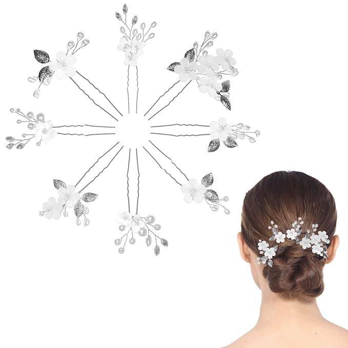 8Pcs Silver Bridal Wedding Hair Pins,White Flower Leaf Hair Piece Pearl Rhinestone Hair Clips,Hair Accessories for Women Brides Bridesmaid
