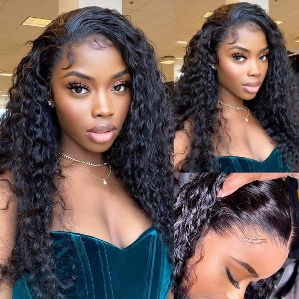 13x4 Human Hair Lace Front Wigs for Black Women 180% Density Brazilian Deep Wave HD Transparent Lace Front Wig with Baby Hair Pre Plucked Bleached Knots(18inch,Natural Black)