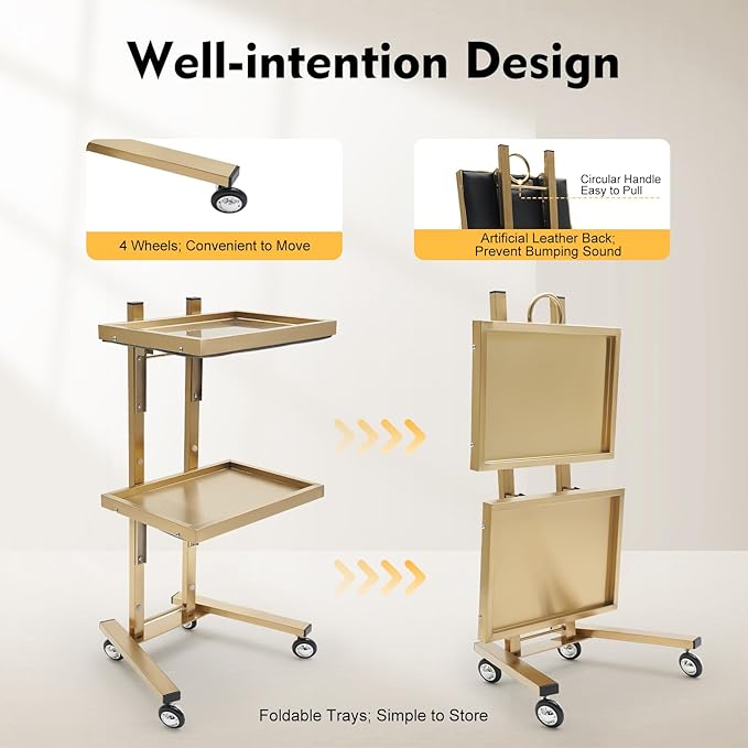 2 Tier Foldable Tray Trolley, Stainless Steel Salon Storage Metal Rolling Cart Mobile Hairdressing Tool Organizer with Wheels for Hair Salon, Studios, Spa Salons (Gold)