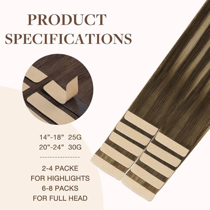 GOO GOO Tape in Hair Extensions Human Hair, 4/26/4 Balayage Chocolate Brown to Honey Blonde, 16inch 25g 10pcs, Skin Weft Seamless Invisible, Silky Straight with Thick Ends, Remy Human Hair