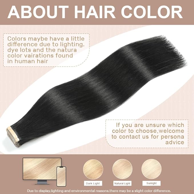 Tape in Hair Extensions Human Hair,14 Inch Seamless Tape In Hair Extensions Real Human Hair 20Pcs Jet Black Tape Ins for Women