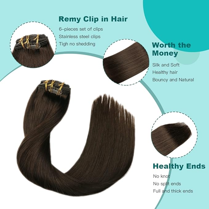 SURNEL Clip in Hair Extensions Real Human Hair 6pcs 18inch 120g Dark Brown Clip in Hair Extensions (#2,18'')
