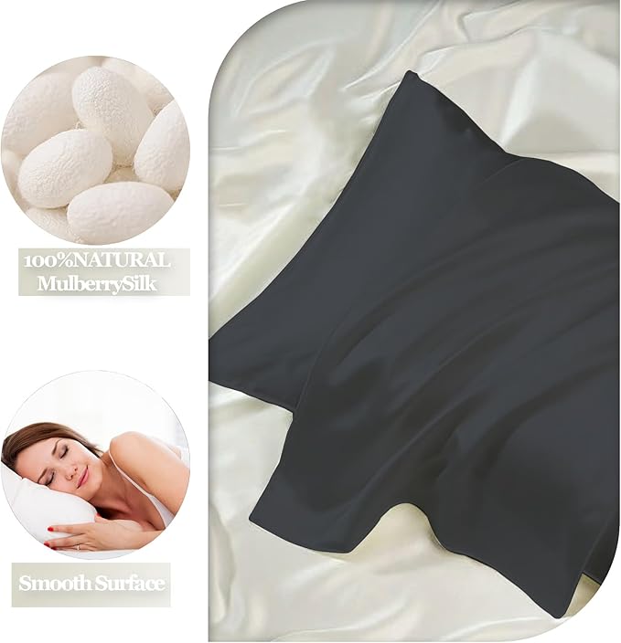 Set of 2 100% Silk Pillow Cases King - 6A Luxury Mulberry Silk Pillowcase for Hair and Skin - Anti-Wrinkle, Cooling & Smooth, Hidden Zipper - Pillowcases for Sleeping Women Girl, Boy, Black