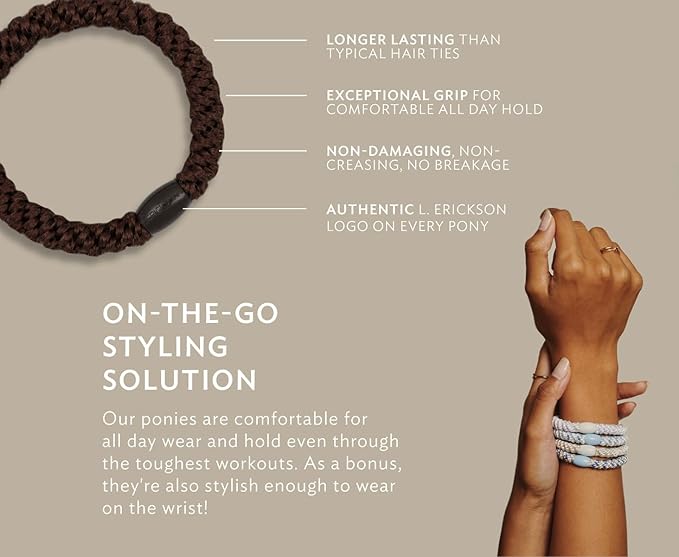 Gold Hair Ties for Thick Hair, Grab & Go Ponytail Holders, 8 Pack, Metallic, Thick No-Crease Bands with Strong Hold, Damage-Free Design, Sunny Polished Look | L. Erickson