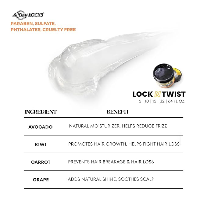 AllDay Locks Lock N Twist (Jar) | Supreme Hold, No Frizz or Flaking | Hydrating, Nourishing Locking Gel | Grape & Avocado-Infused | Lock & Twist Braids, Locks, Twists, Cornrows | 32 oz