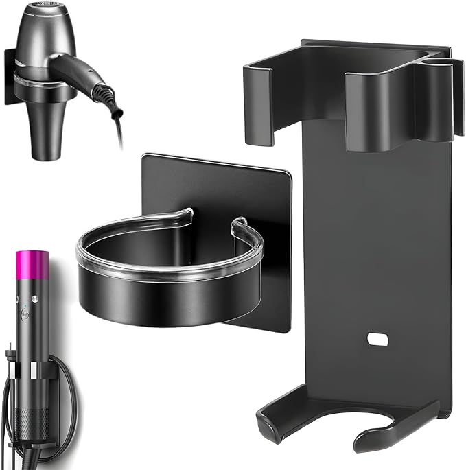 2pcs Blow Dryer Holder Wall Mounted and Curling Iron Holder, Self Adhesive Hair Dryer Holders Wall Mount, Stainless Steel Hair Dryers Wall Mount