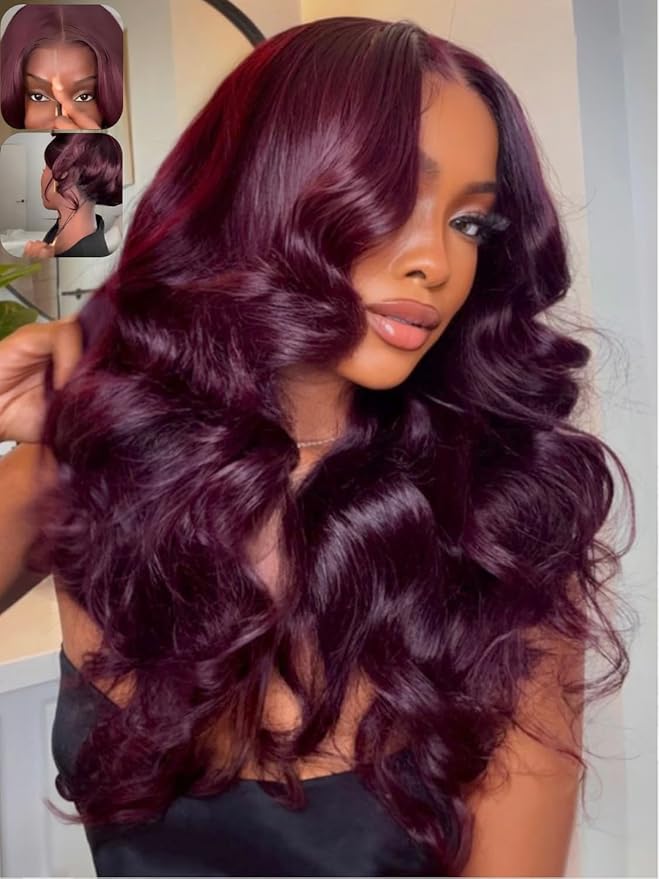 KLAIYI Black Cherry Loose Body Wave Bye Bye Knots Glueless Wig 7x5Precut Lace Front Wigs Human Hair Drawstring Pre Plucked Bleached 30S Ready to Wear and Go Wig with Face Framing Bangs Burgundy 22Inch