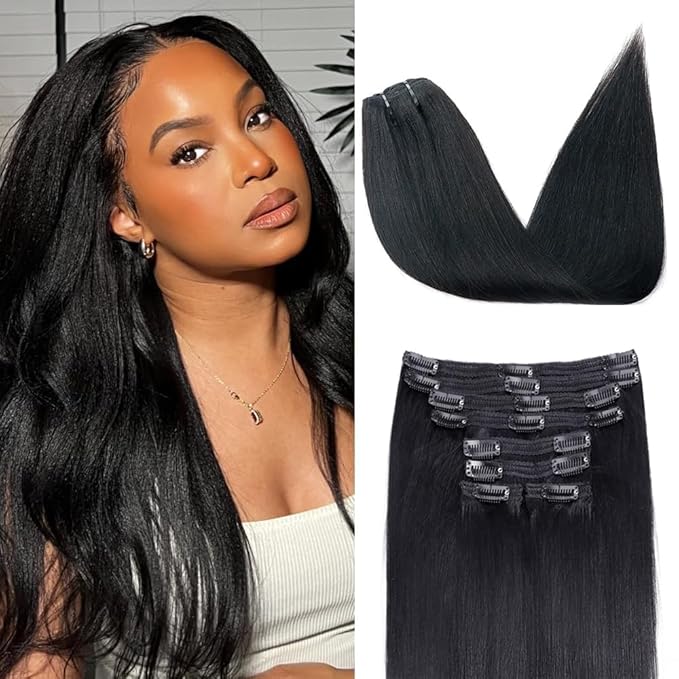 Yaki Straight Clip in Hair Extensions Real Human Hair 8Pcs Brazilian Human hair Clip ins for Black Women, Natural Soft Human Hair 120g 12inch #1B Natural Black