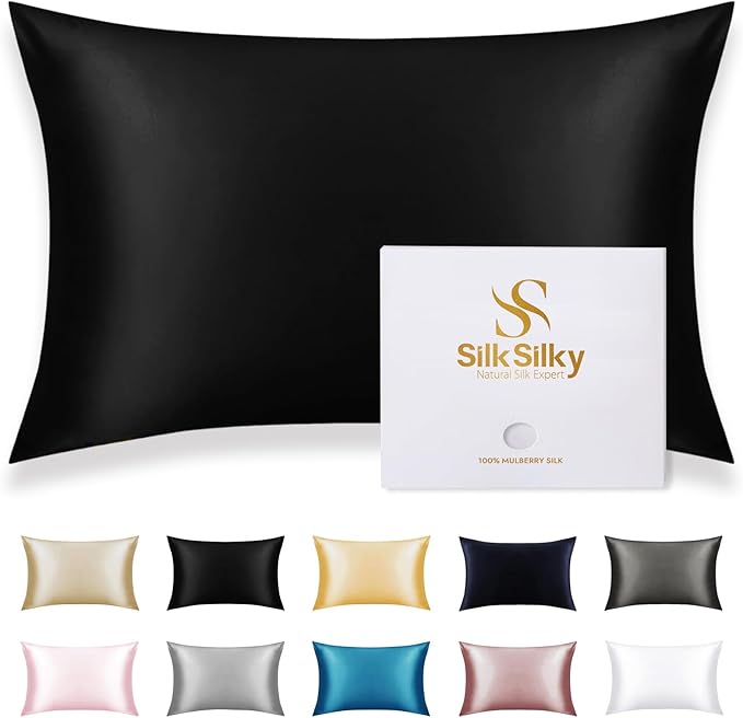 SilkSilky 100% Mulberry Silk Pillowcase - Pure 22 Momme High-Grade 6A Fibers for Hair & Skin, Envelope Closure, Natural, Organic, Breathable & Cooling Pillow Case (Queen, Black)