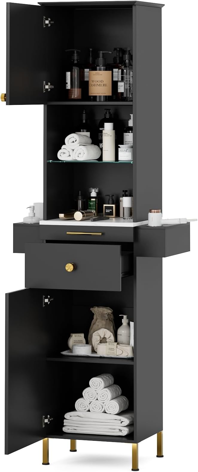 Paddie Barber Station Hair Salon Station, Salon Stations for Hair Stylist, Beauty Salon Spa Equipment w/Glass Shelf, 2 Storage Cabinet & Drawers, 6 Hair Dryer Holders for Hair Styling（Black）