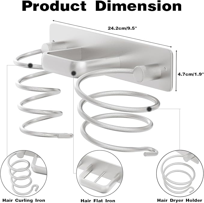 hicorfe Hair Dryer Holder 3 in 1 Hair Tool Organizer,Blow Dryer Holder Wall Mounted,Bathroom Bedroom Care Styling for Flat Iron,Curling Iron,Hair Straightener（Silver）