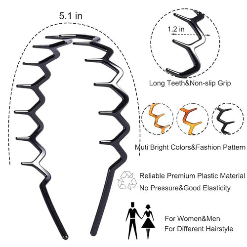 6 PCS Zig Zag Headbands Plastic Wavy Hair Head Band Comb with Teeth Hoop Accessories for Women Men Girls, Classic Black&Retro Leopard