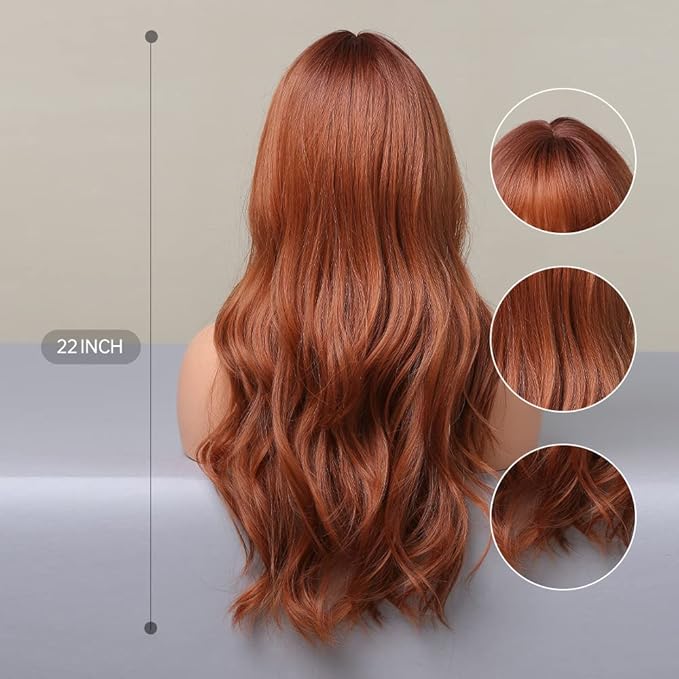 EMMOR Orange Brown Long Wigs for Women, Natural Wavy wig with Bangs Heat Resistant Fiber Synthetic Wigs for Daily Party（Strawberry blonde）