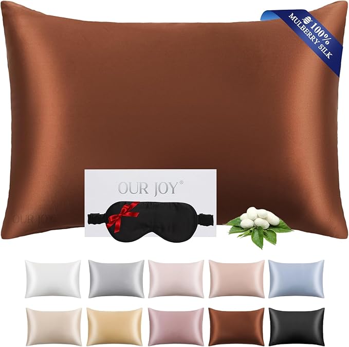 100% Mulberry Silk Pillowcase 22 Momme (SGS Certified) with Free Silk Eye Mask - Luxury Gift-Ready Folded Packaging, Cooling Pillow Cover for Hair & Skin Care (Choco, Standard (1 Pack))