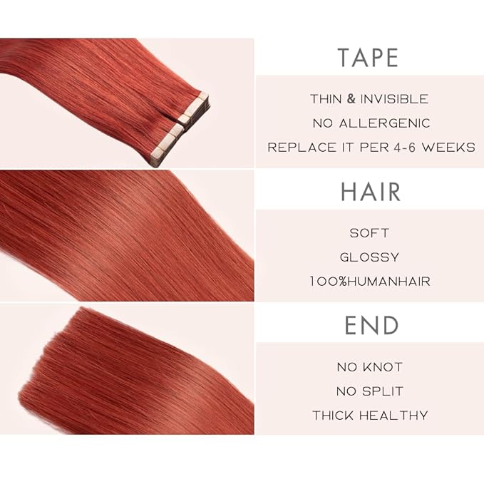 Tape in Hair Extensions Human Hair 20pcs Remy Hair Extensions 22 Inch Copper Straight Invisible Human Hair Tape in Extensions Skin Weft Tape Extensions Human Hair (350#,22 Inch)