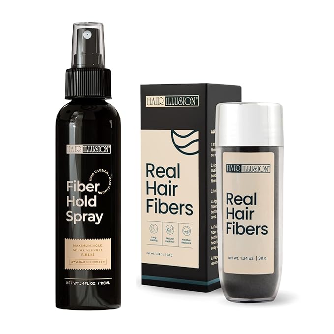 Hair Illusion Real Black Fibers 38g - Creates Fuller, Thicker Appearance for Thinning Hair and Bald Spots - Natural, Superior All Day Hold for Men and Women