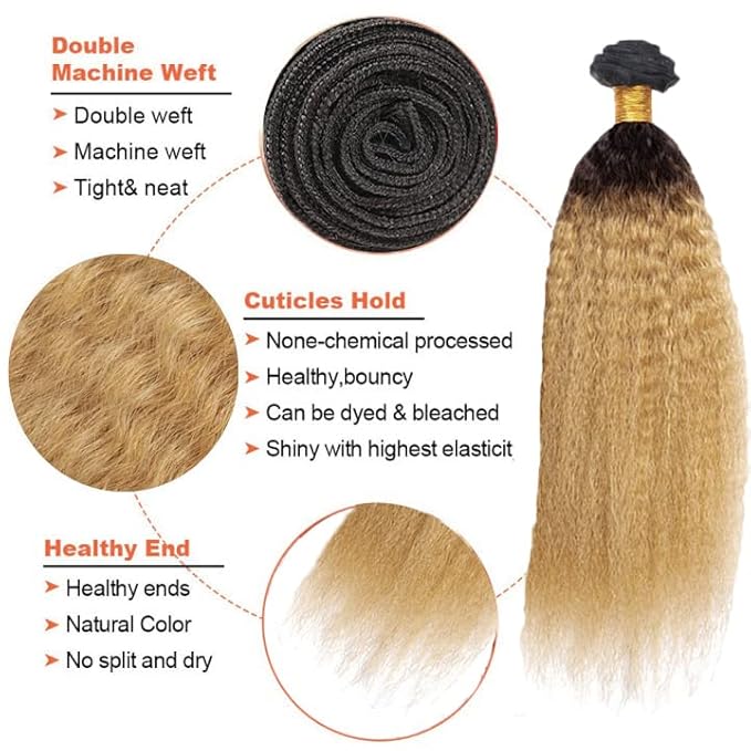 Ombre Human Hair Bundles 1B27 Kinky Straight Bundle Niegmeag Brazilian Virgin Remy Hair 3 Bundles 14 16 18 Inch 2 Tone Black and Honey Blonde Yaki Bundle 150g