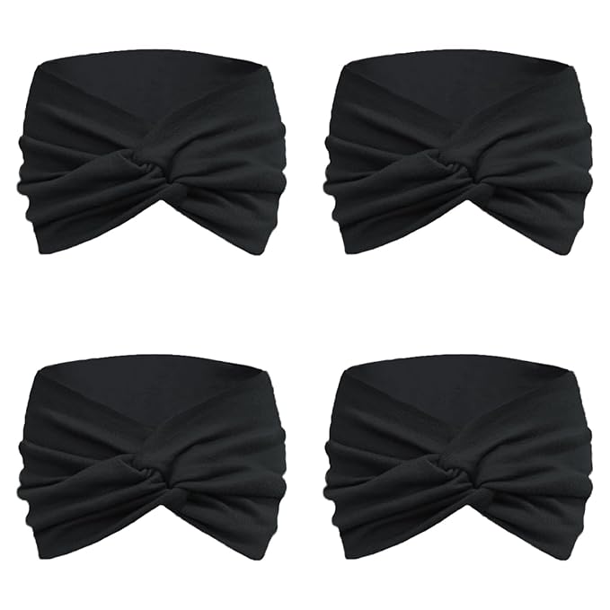 IVARYSS Extra Wide Headbands for Women Non-Slip, 7'' Large Twist Knotted Stretchy Wraps Head Bands Hair Accessories, 4 Pack, Black