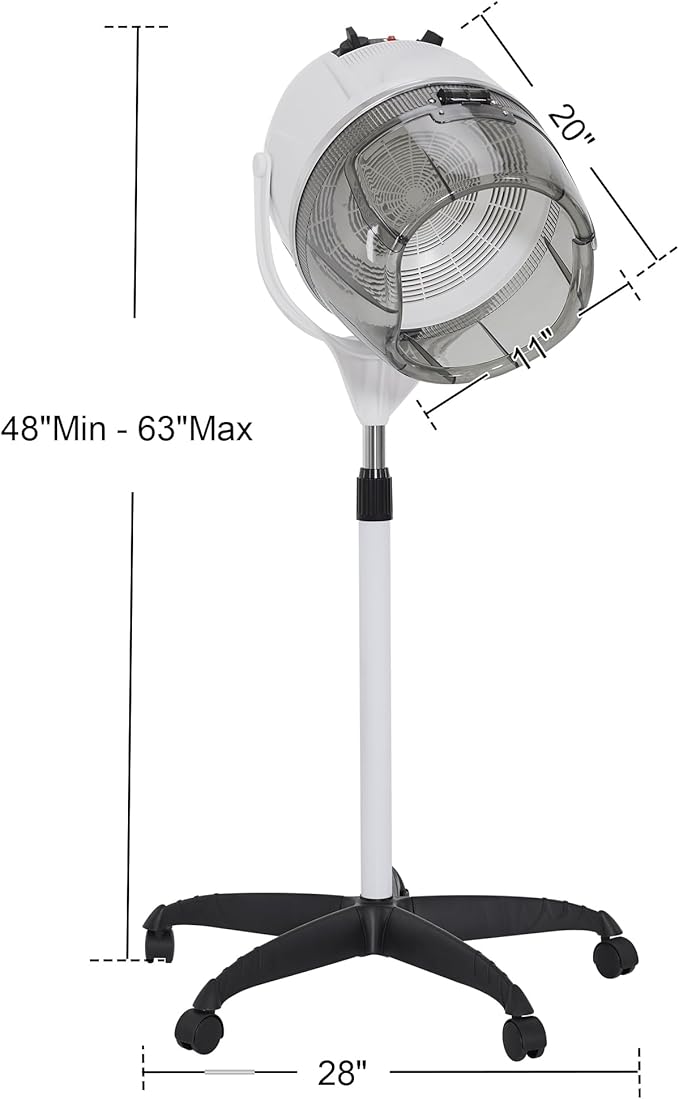BarberPub 1300W Hooded Hair Bonnet Dryer with Stand, Height Adjustable Floor Standing Rolling Base, Beauty Salon Equipment with 360° Rotation VHD08 (White)