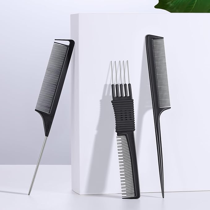 TsMADDTs Rat Tail Combs for Women and Men, 3PCS Hair Combs Set for Braiding, Parting, Styling, Fine Tooth, Black