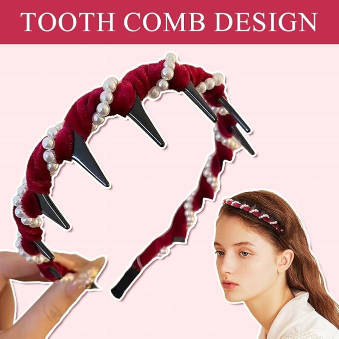 Vintage High Cranium Artificial Pearl Hairband, New Elegant Braided Pearls Headbands with Teeth for Women, Anti-slip Decorative Hair Bands Fashion Hair Accessories Gifts (Brown+Burgundy, One Size)