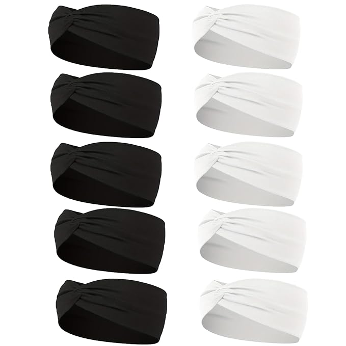 10 Pcs Wide Absorbent Sport Headbands for Women, Non-slip, Stretchy, Soft Cotton Twist Knotted Hair Bands for Daily Workout Yoga Running Sports (White & Black)