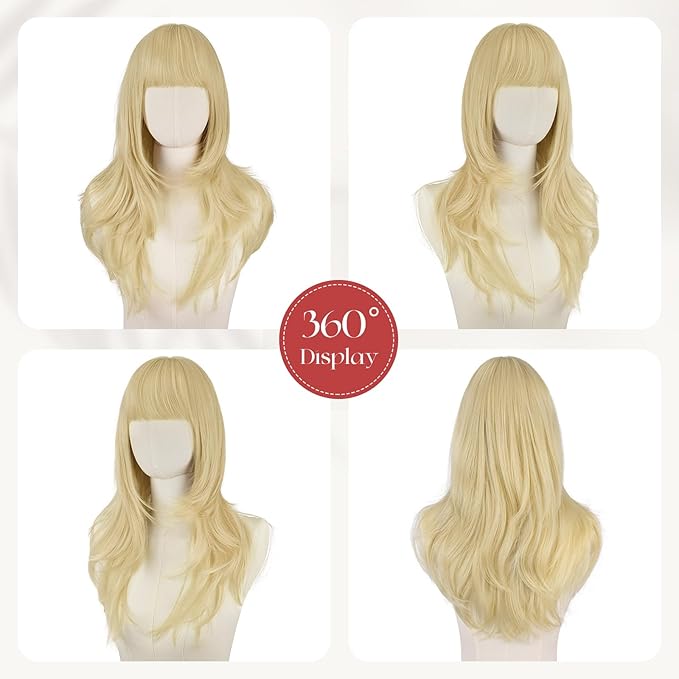 SOFEIYAN Light Blonde Wigs with Bangs 24 Inch Long Straight Layered Wig Natural Hair Soft Heat Resistant Synthetic Medium Length Hair Wigs for Women Daily Party Use