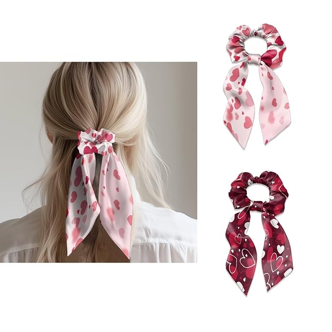 Pack of 2 Love Heart Pink Scrunchies Hair Ties for Women Red Satin Scarf Scunchies Valentine's Day Theme Bow Hair Ties with Long Tails for Yoga Sport