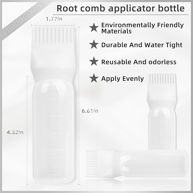 Root Comb Applicator Bottle 6 Ounce, 2 Pack Hair Oil Applicator Hair Dye Bottle Tools with Dispenser Root Comb Brush for Scalp Oil Hair Oiling Applicator - white