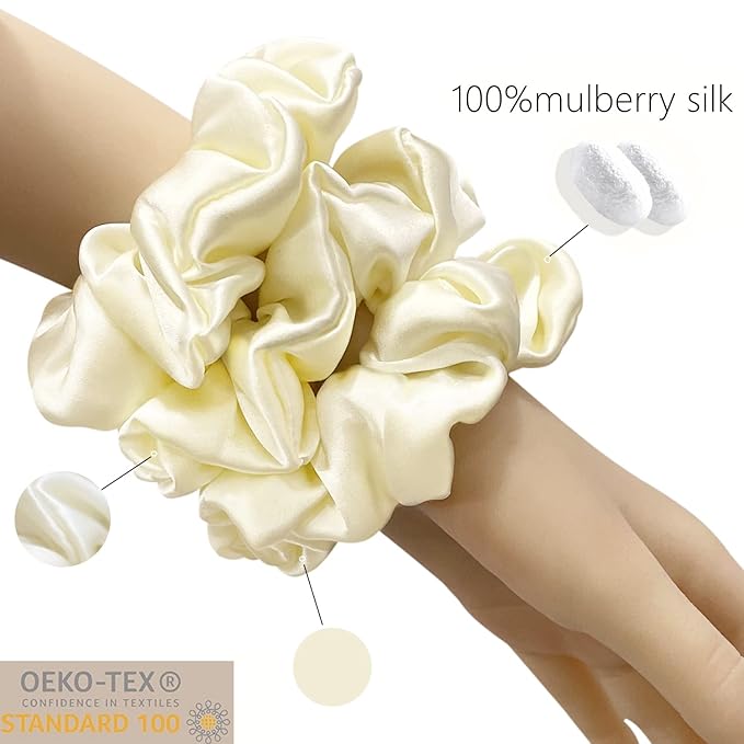 Suncdelv Silk,100% Silk Scrunchies for Hair,22 Momme Hair Ties for Anti-Crease & Breakage,Natural Women Hair Accessories，Fashion Hairbands 3PCS（White)