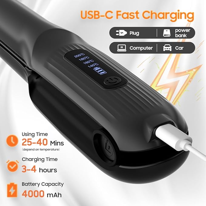Cordless Hair Straightener, Portable Flat Iron for Travel, 2 in 1 Hair Styling Tools for straightening and Curling, Lightweight on-The-go, 4000 mAh Battery, Fast USB-C Charging (Black)