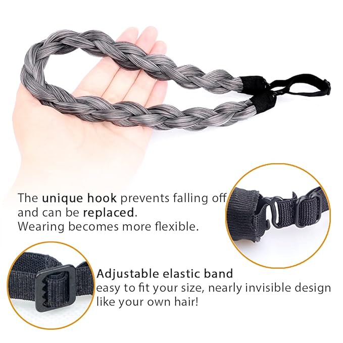 DIGUAN Chubby Narrow Synthetic Hair Braided Headband Classic Chunky Plaited Braids Elastic Stretch Hairpiece Women Girl Beauty accessory, 58g (Dark Gray)