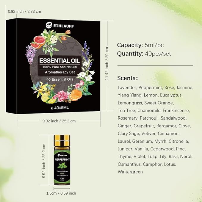 Essential Oils Set 40 Pcs, Essential Oils Perfect for Diffuser, Fragrance Oil Set for Massage, Soap, Candle Bath Bombs Making
