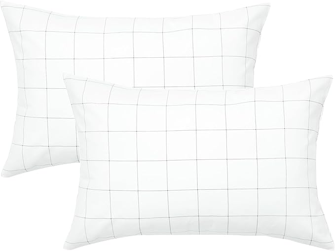 JELLYMONI 100% Natural Cotton Plaid Queen Pillowcases Set, 2 Pack White with Black Grid Geometric Pattern Printed Pillow Covers with Envelope Closure(Pillows are not Included)