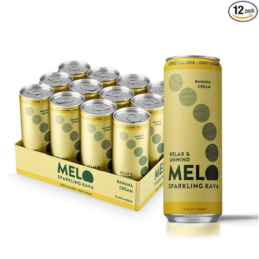 Melo Sparkling Kava Drink, Banana Cream, Sugar Free Non Alcoholic Drinks with Zero Calories, Gluten Free, Vegan, 100% Natural Mocktail with 750mg Kava Root per Drink, 12 Pack, 12 oz Cans