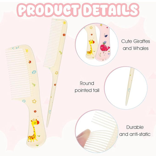 4Pcs Toddler Comb Set, Small Cute Fine Tooth Comb & Rat Tail Comb for Kids Styling, Mini Hair Combs Plastic Parting Combs, Anti-Static Hairdressing Combb for Baby Girl Wet Dry Hair (Pink Yellow)
