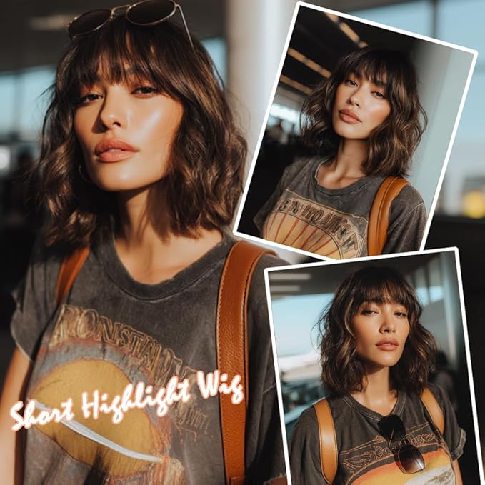Short Dark Brown Wig with Highlight Wigs for Women Brown Mixed Gold Wig Highlights with Bangs Medium Length Synthetic Hair Wavy Bob Wig Colorful Wigs（14 Inches）