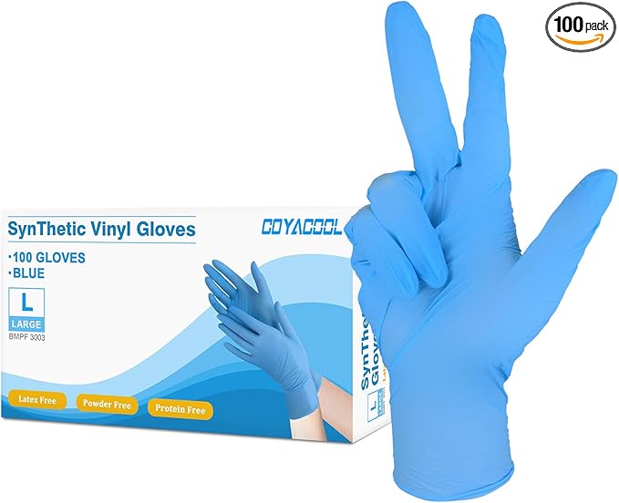 Disposable Gloves Large, Nitrile and Vinyl Blend Material Gloves, Latex Free, 4 Mil,100 Pc. - Food Grade Glove for Cleaning, Food Prep,Hair Dye,Tattoo, Blue