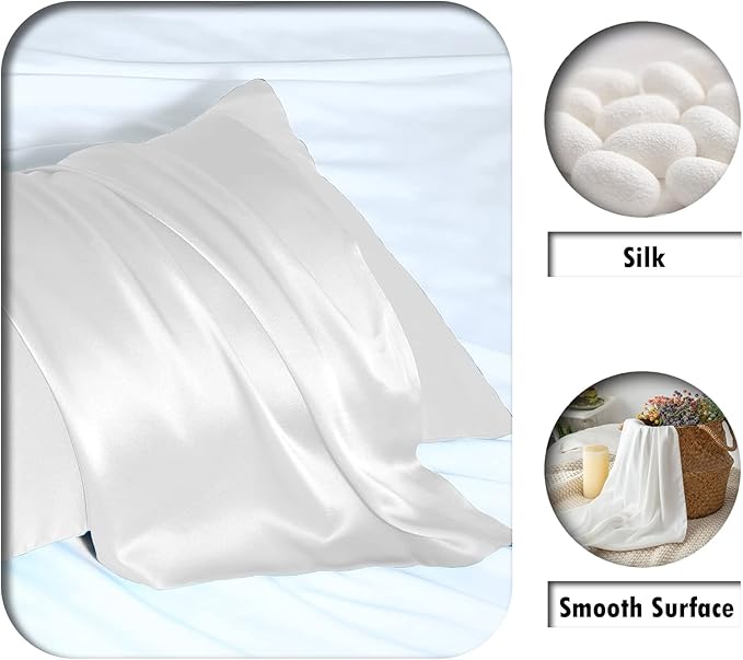 Mulberry Silk Pillowcase for Hair and Skin Pillow Case with Hidden Zipper Soft Breathable Smooth Cooling Silk Pillow Covers for Sleeping (White, King（20"X 36"）)