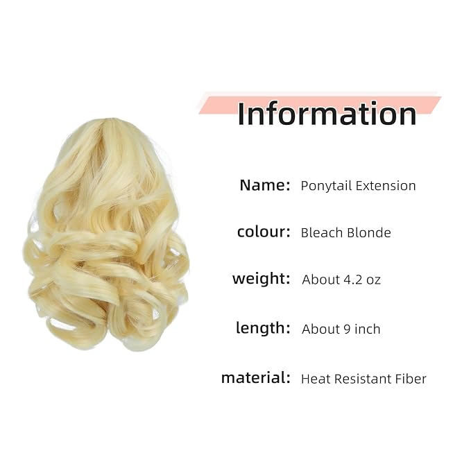 Ponytail Extension, Clip on Ponytails for Women, 9" Claw Clip in Short Curly Wavy Pony Hair Extension for Women - Bleach Blonde
