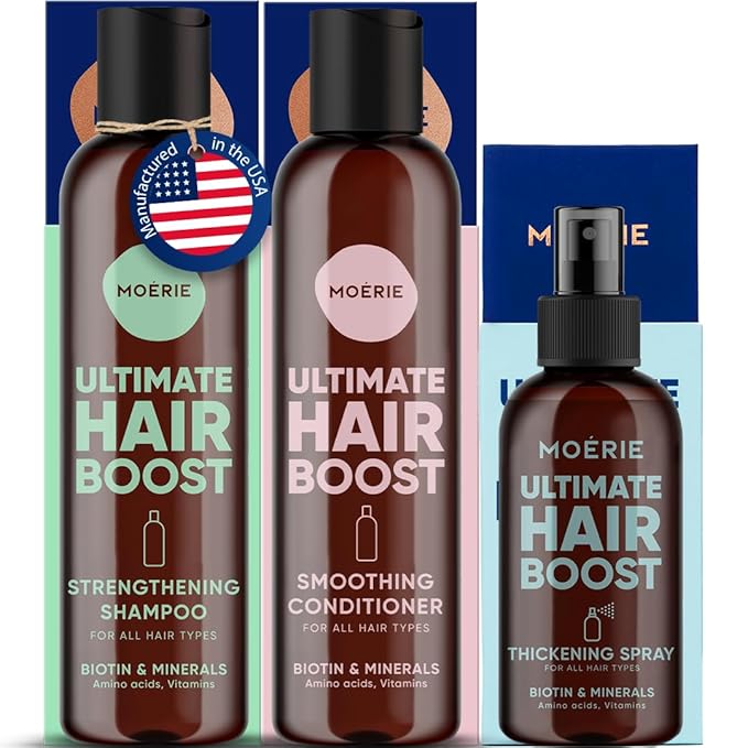 Moerie Mineral Shampoo and Conditioner Plus Hair Growth Spray Set – Ultimate Hair Care Pack – For Longer, Thicker, Fuller Hair - Volumizing Hair Care Products – Paraben & Silicone Free - 3 Products