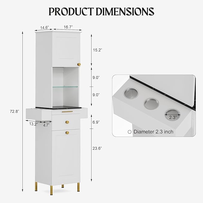 Paddie Barber Station Hair Salon Station, Salon Stations for Hair Stylist, Beauty Salon Spa Equipment w/Glass Shelf, 2 Storage Cabinet & Drawers, 6 Hair Dryer Holders for Hair Styling（White）
