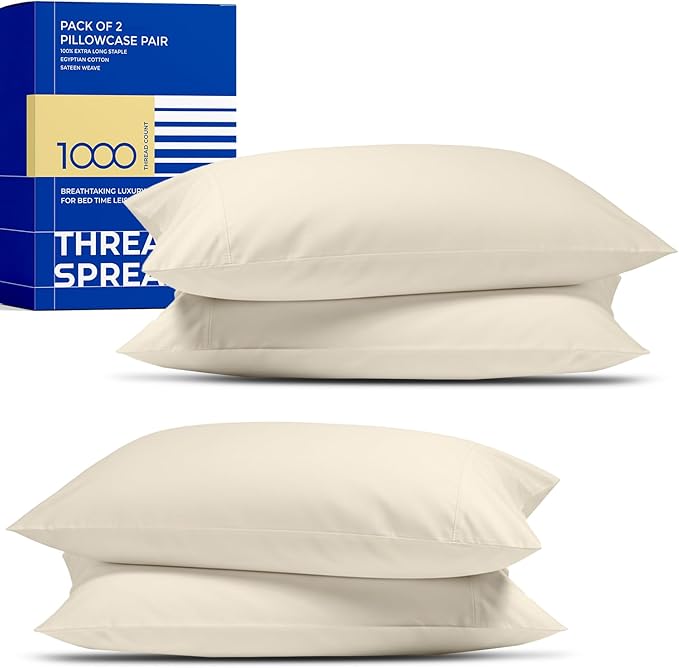 THREAD SPREAD 100% Egyptian Cotton Pillow Cases - High Thread Count Pillowcases Queen/Standard Size Pack of 2, Soft & Breathable Extra Long Staple Sateen Weave Cotton Pillow Covers for Bed - Ivory