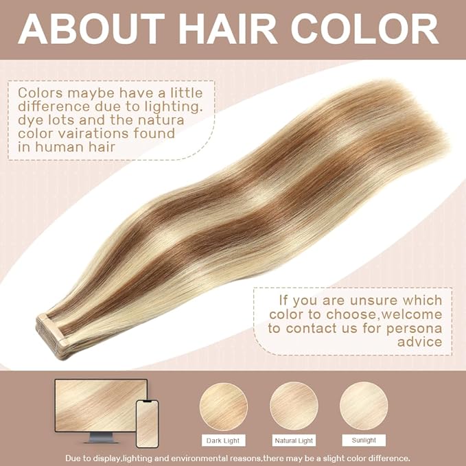 Tape in Hair Extensions Real Human Hair 24 Inch Chestnut Brown Highlighted Bleach Blonde Tape for Skin Weft Hair Extension Invisible Tape in Hair Extensions Straight Remy Human Hair for Women 20pcs