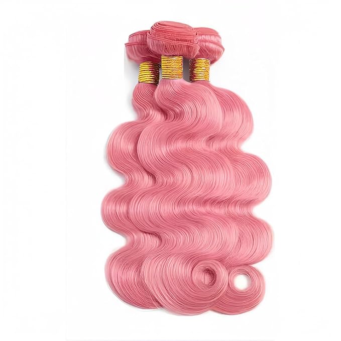 Pink Human Hair Bundles Hot Pink Body Wave Bundle Niegmeag Brazilian Virgin Soft and Silky Remy Hair 3 Bundles 24 26 28 Inch Double Weft Hair Weave Light Rose Color