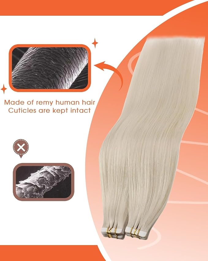 Sunny Hair Tape in Hair Extensions Real Human Hair Invisible Remy Hair Extensions Tape ins for Women White Blonde 22 inch 25G